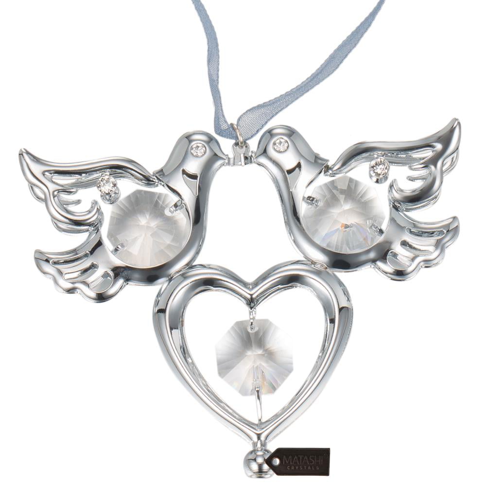 Matashi Chrome Plated Crystal Studded Silver Love Doves Birds Hanging Ornament with Heart Gift for Valentine's Day 