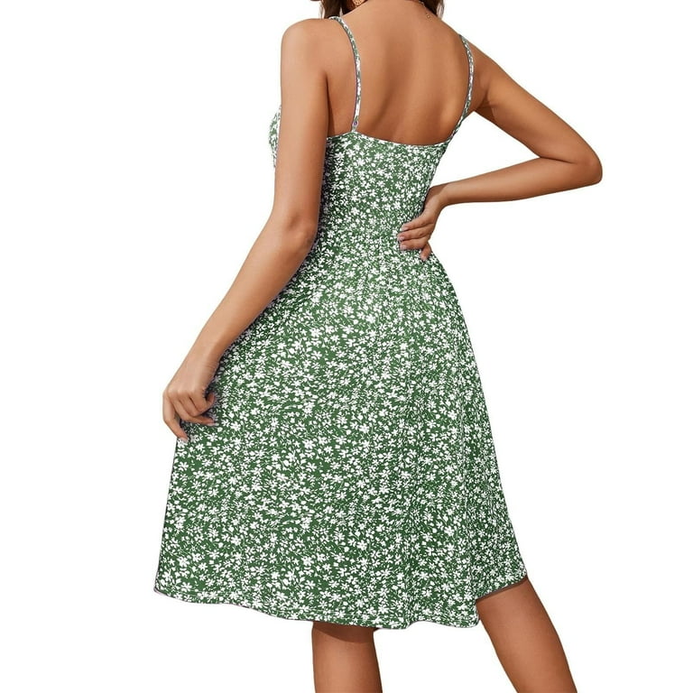 Tianiyouqing Womens Dresses Mid-Length Summer Cotton Midi Dress Cute Spaghetti Strap A-Line Smocked Sleeveless Knee Length Flowy Short Dresses Built