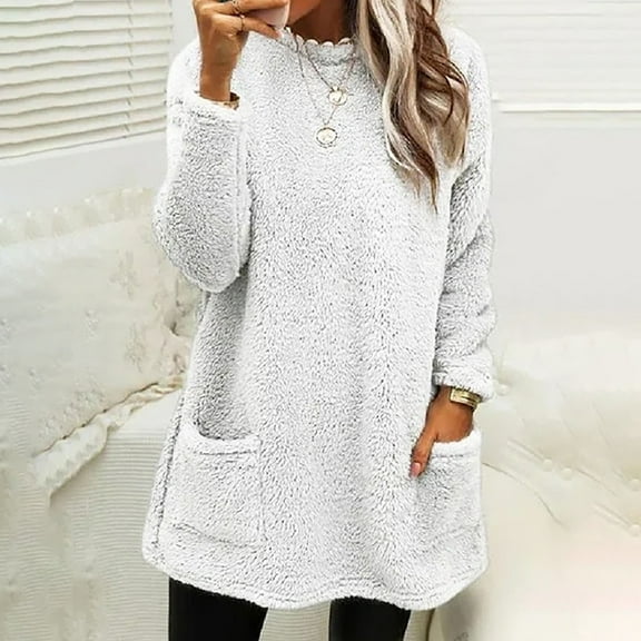 Royisotas Plus Size Plain Women Sweatshirts Winter Long Sleeve Fleece Tunic Pullover Casual with Front Pocket White Crew Neck Hoodless Shirts