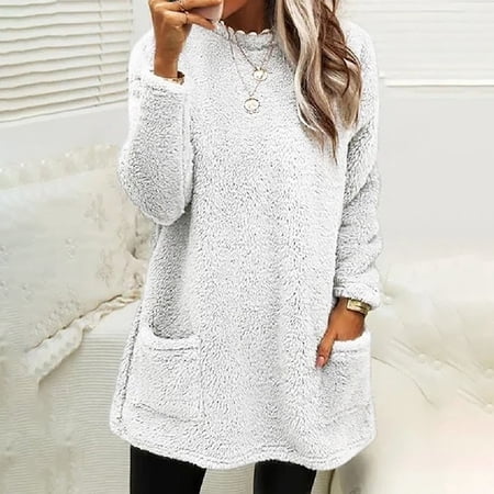 Royisotas Plus Size Solid Womens Sweatshirts Tunic Fleece Winter Long Sleeve Pullover White Crew Neck Casual with Front Pocket No Hood Shirts