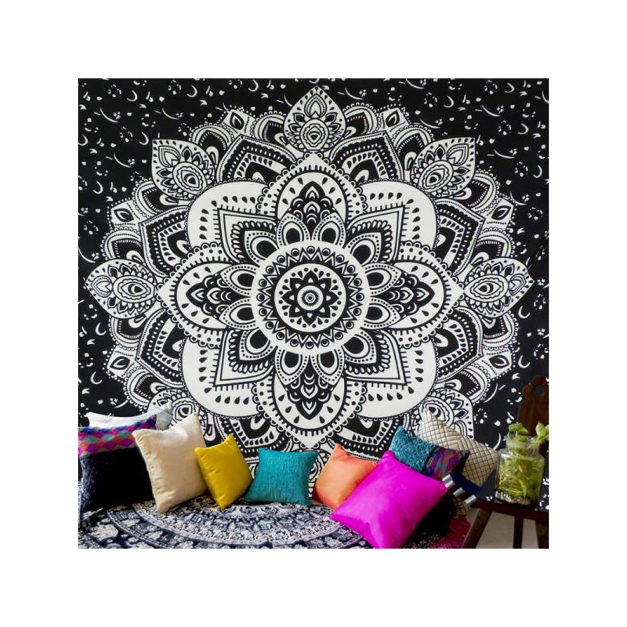 Tenture Murale Mandala Hippie 100x75 Cm - Décoration Chambre Étoiles Éléphant Indien, Multifonctions, Polyester