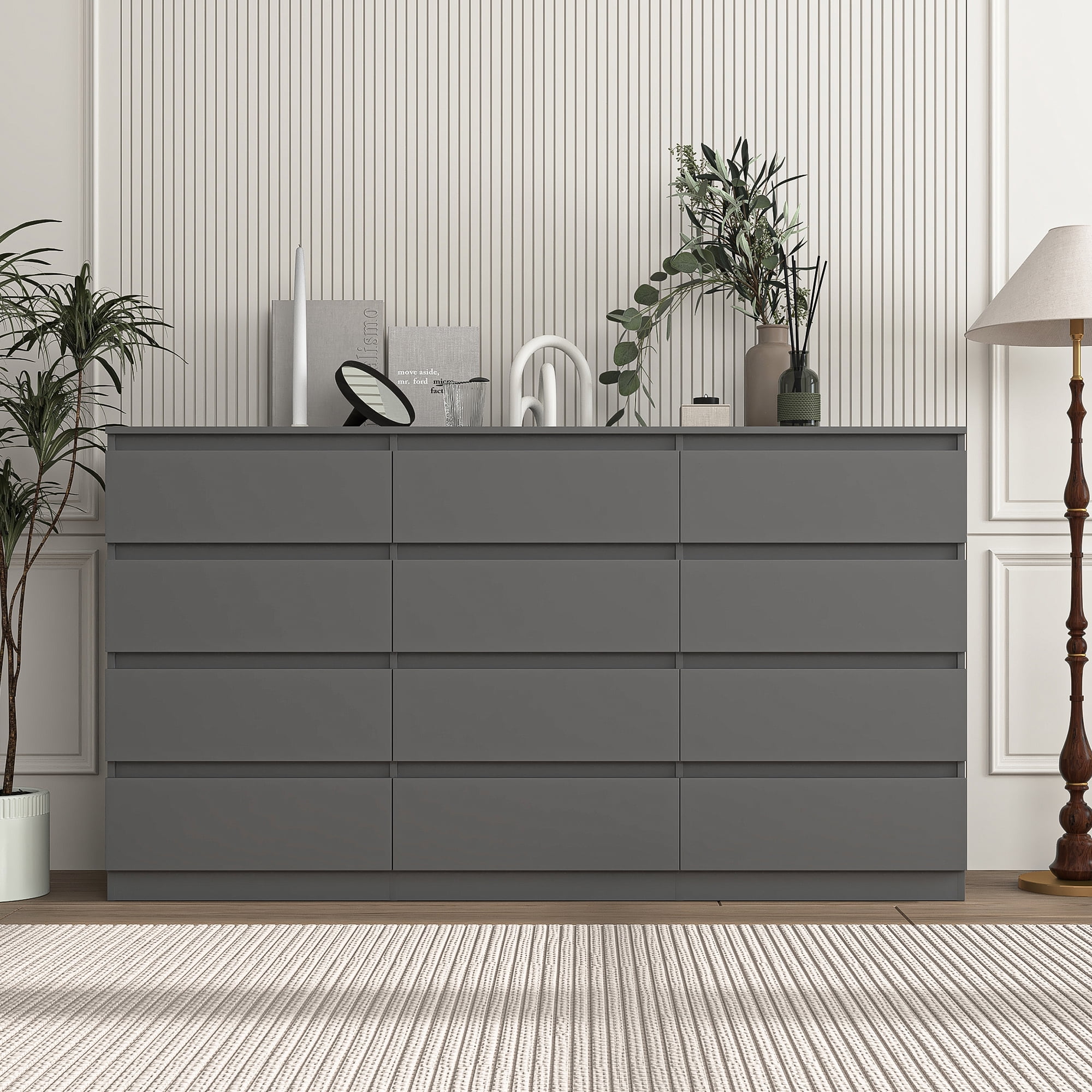 Resenkos Modern Mid Century 12 Drawer Wide Dressers Chests for Bedroom, Chest of Drawer Organizer Grey