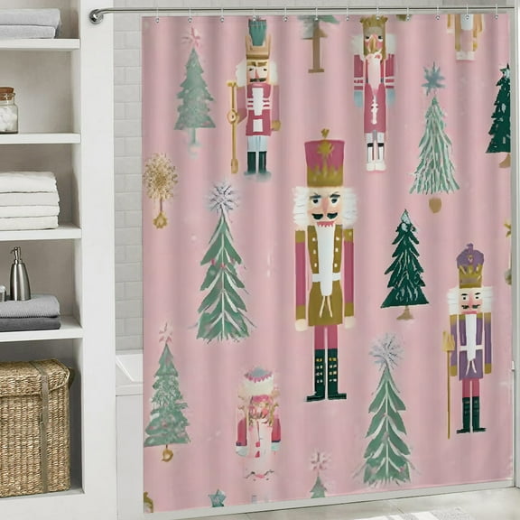 Christmas Shower Curtain, Pink Nutcracker Signs Christmas Curtain with Hooks for Home Bathroom Decor Washable Curtains, 72x72 in