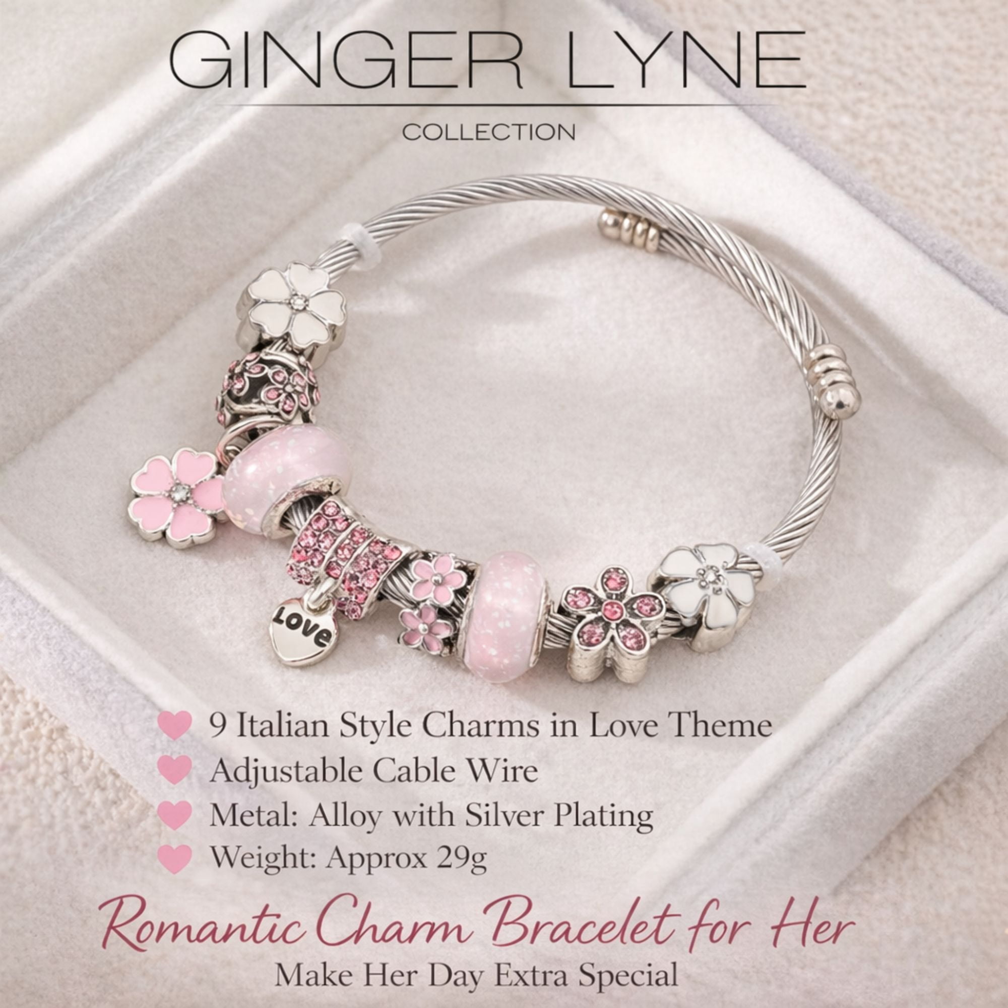 Love Theme Cable Charm Bracelet for Women by Ginger Lyne Alloy Pink Italian Style Beads Valentines Gift