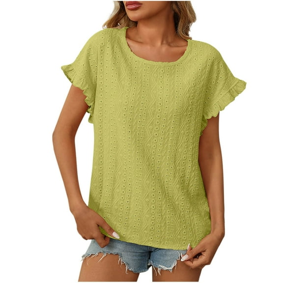 Besolor Womens Tunic Tops Summer Casual Dressy Crew Neck Loose Ruffle Short Sleeve Shirts Going out Blouses