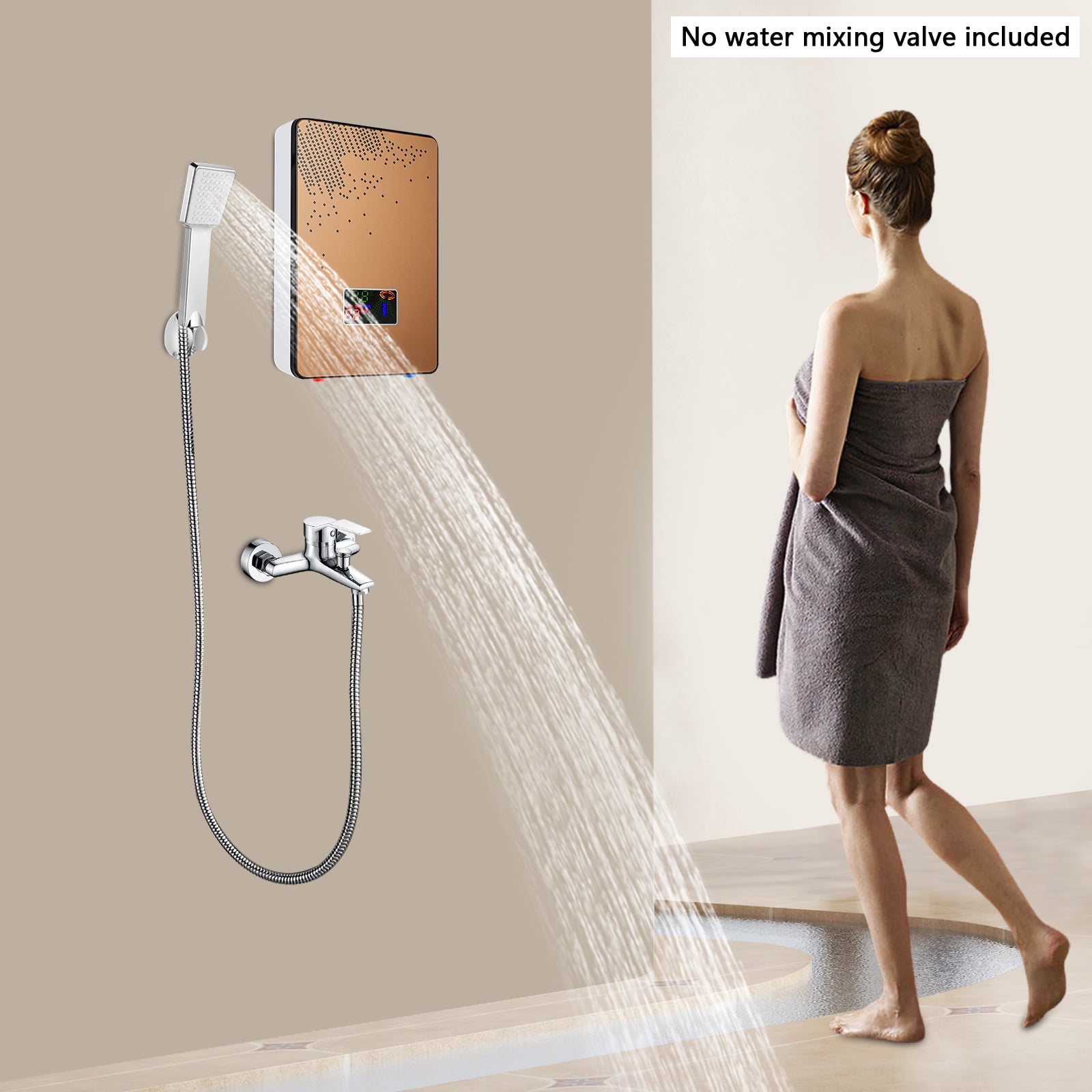 Electric Tankless Water Heater 4500w Residential Instant Mini Water Heater Electric Instant Hot Water Heater Color Screen Host with Shower Adjustable Golden for Kitchens Bathrooms Restaurants