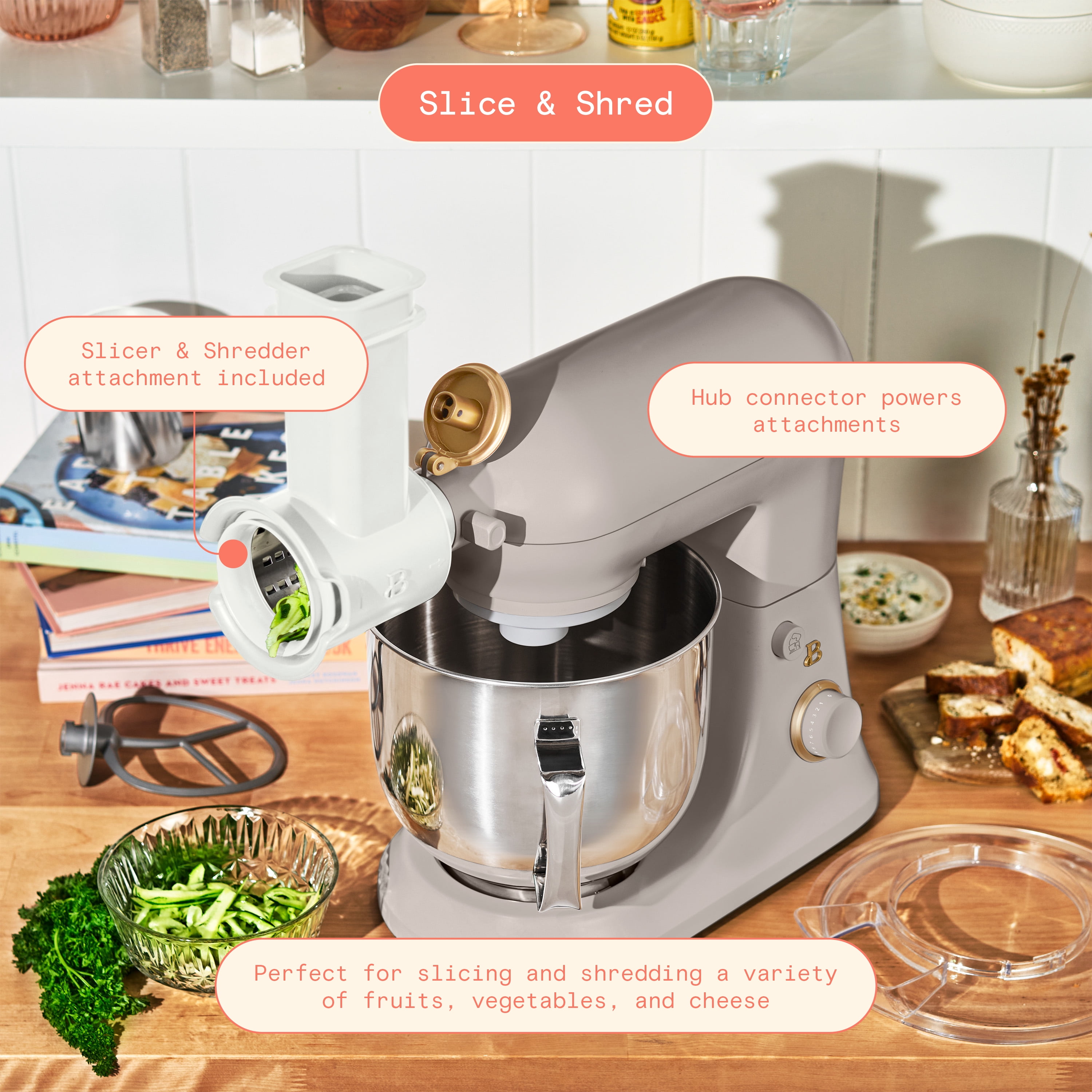 Beautiful 6 Qt Tilt-Head Stand Mixer with Dough Hook, Flat Beater, Balloon Whisk, Pastry Beater & Slicer/Shredder Set, Porcini Taupe by Drew Barrymore