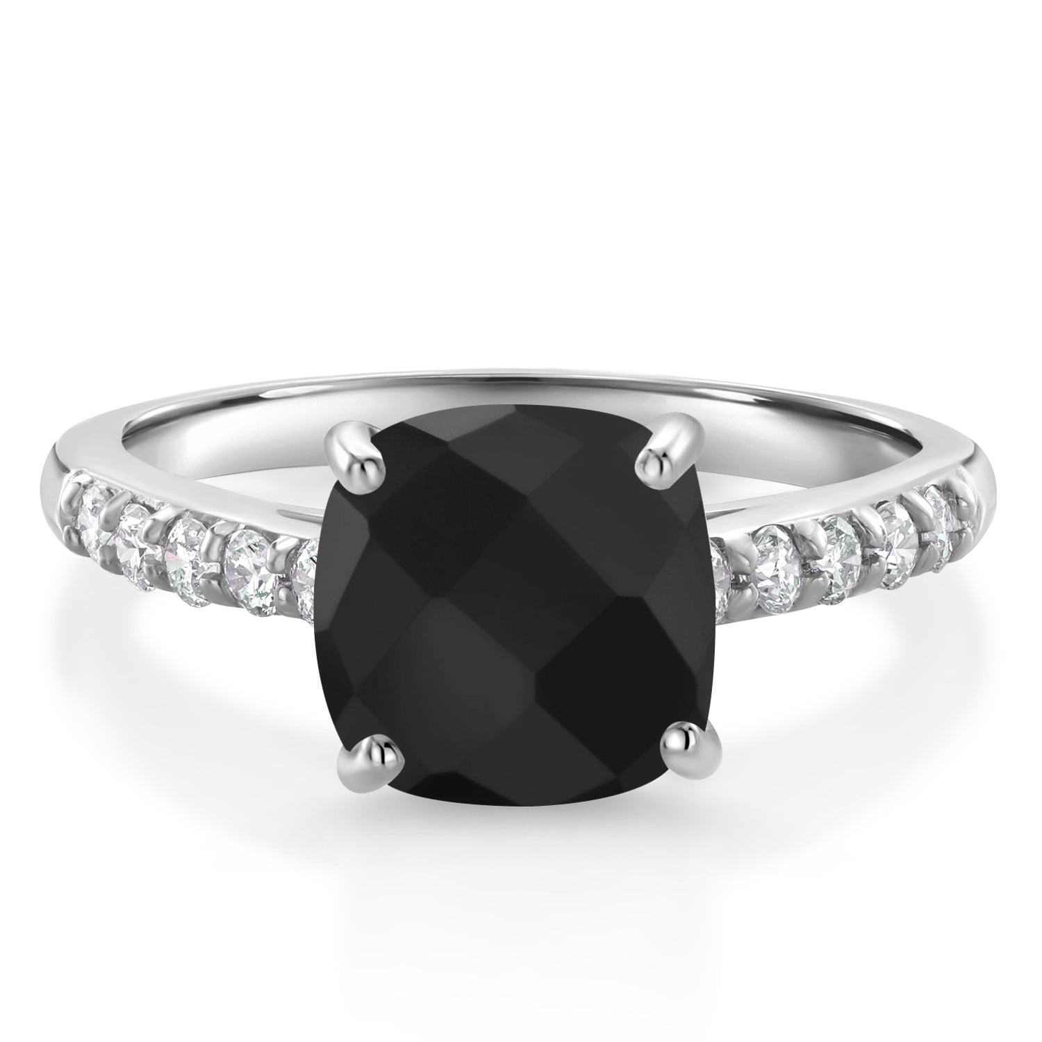 Gem Stone King 10K White Gold Black Onyx and White Lab Grown Diamond Engagement Ring for Women (2.31 Cttw, Cushion Checkerboard 8MM, Gemstone December Birthstone, Size 8)
