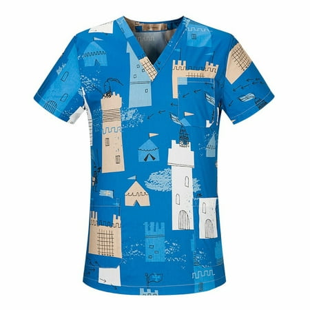 

Sksloeg Women s Scrubs Cartoon Printed V-Neck Castle Patterned Workwear With Pockets Shirts Nursing Working Uniform Blue XL