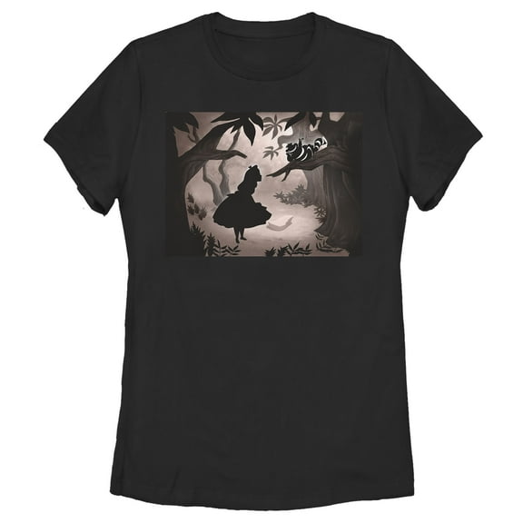 Women's Alice in Wonderland Cheshire Cat and Alice Silhouettes Graphic Tee Black Medium