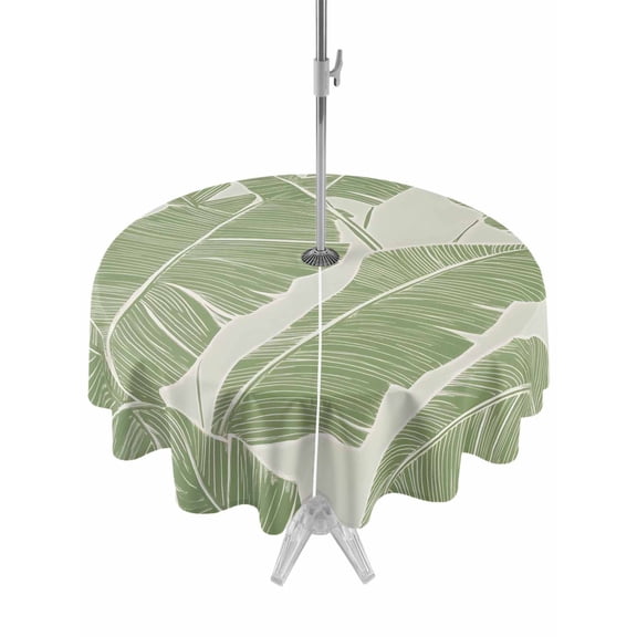 Outdoor Table Cloth with Umbrella Hole and Zipper, Green Palm Leaf Waterproof Round Tablecloth 60 Inch, Tropical Botanical Summer Washable Table Cover for Outside Party Patio Picnic
