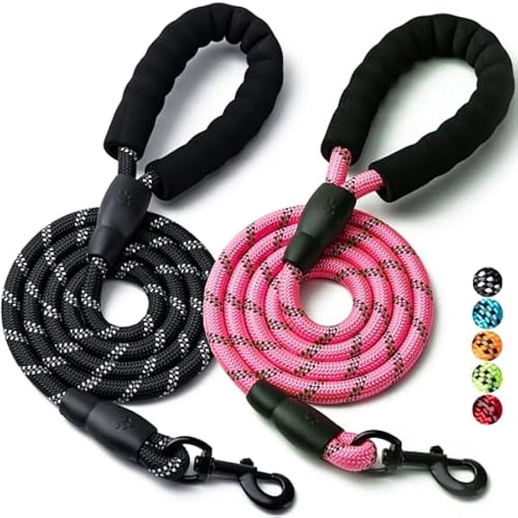 Eryueer 2 Pack Dog Leash, 4/5//6 FT Heavy Duty Nylon Rope Pet Leashes with Comfortable Padded Handle, Reflective Dog Leashes for Small Medium and Large Dogs (6FT-3/8,Black/Pink)