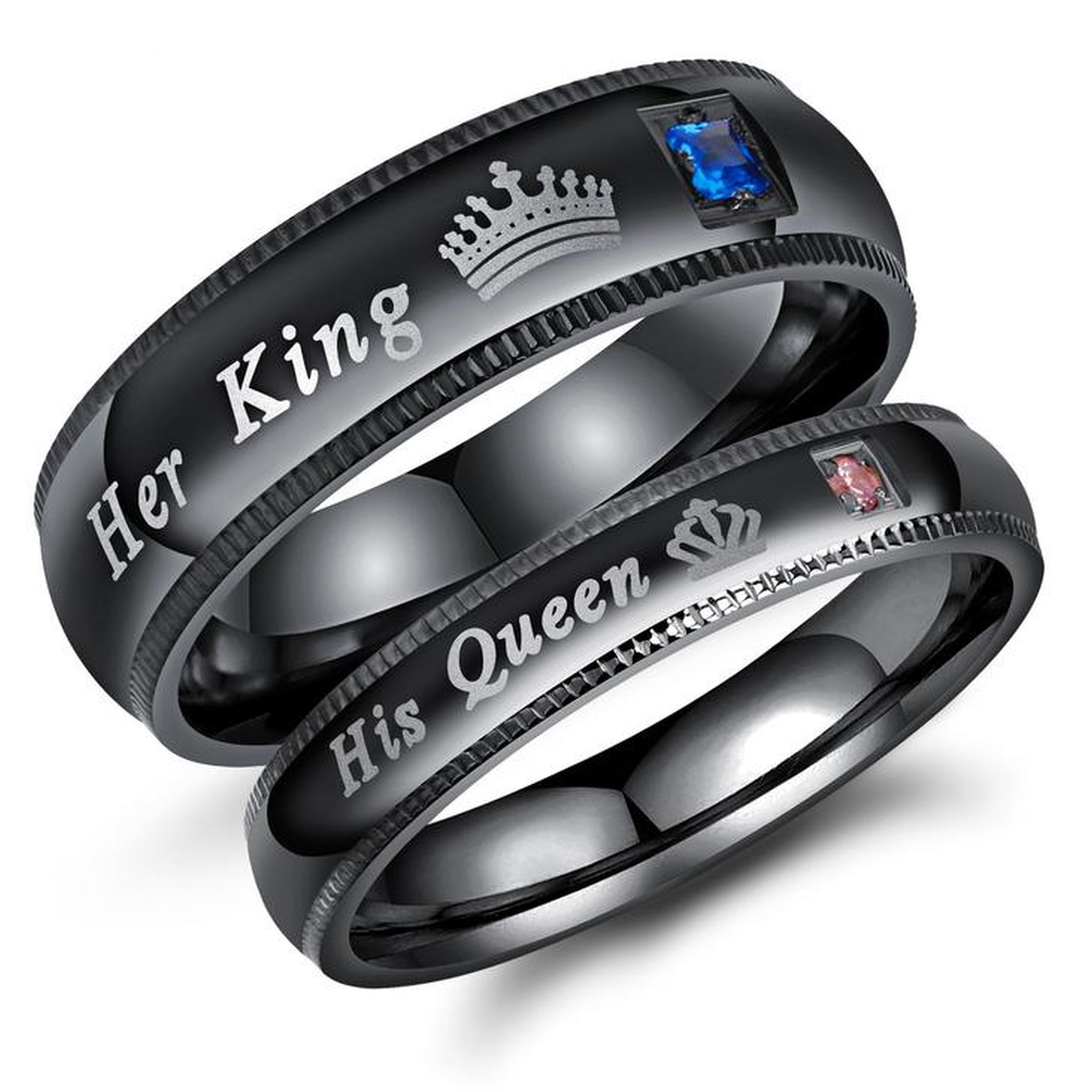 2pcs Matching Set Couple Rings Stainless Steel Promise Rings with His Queen and Her King Wedding Engagement Band 