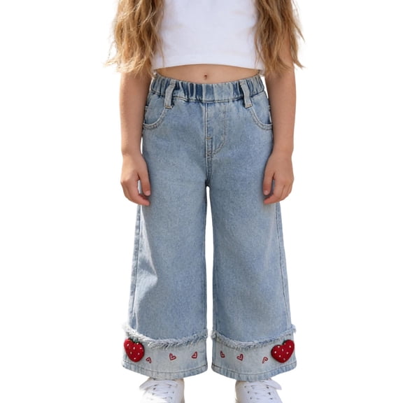BCSIOAOI Toddler Long Pants for Girls,Strawberry Decor Elastic Waist Wide-Leg Denim Jeans with Frayed Cuff Blue 2-3t