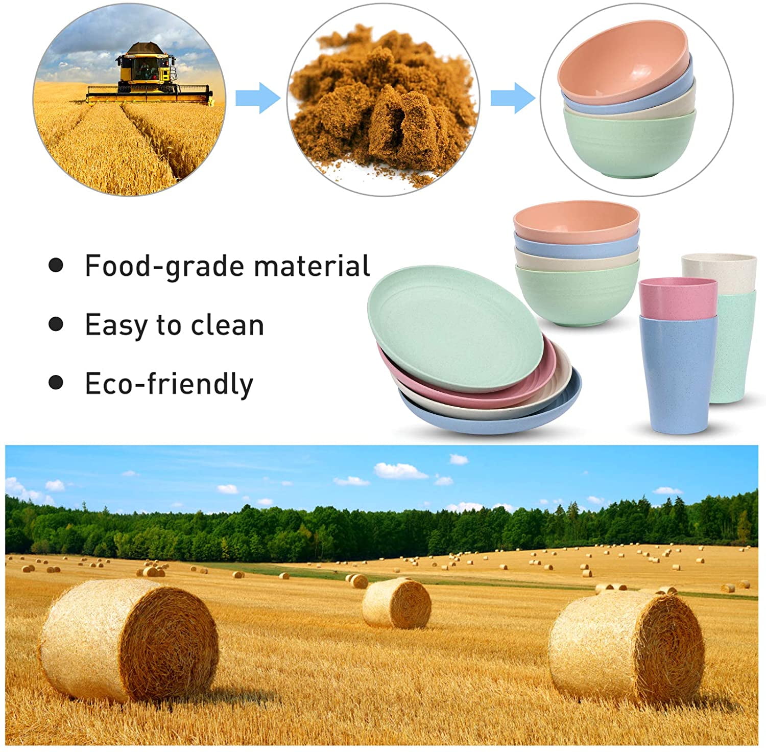 Cups Eco Friendly,Dishwasher Safe,Wheat Straw Plates,Wheat Straw Bowls 12pcs Wheat Straw Dinnerware Sets Blue-Unbreakable Microwave Safe-Lightweight Bowls Plates Set-Reusable Cereal Bowls 