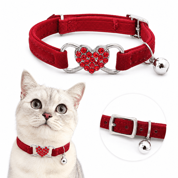 Bling Rhinestone Cat Collar, Adjustable Velvet Kitten Collar with Bell, Cute Heart Charm Pet Necklace, 7 Colors