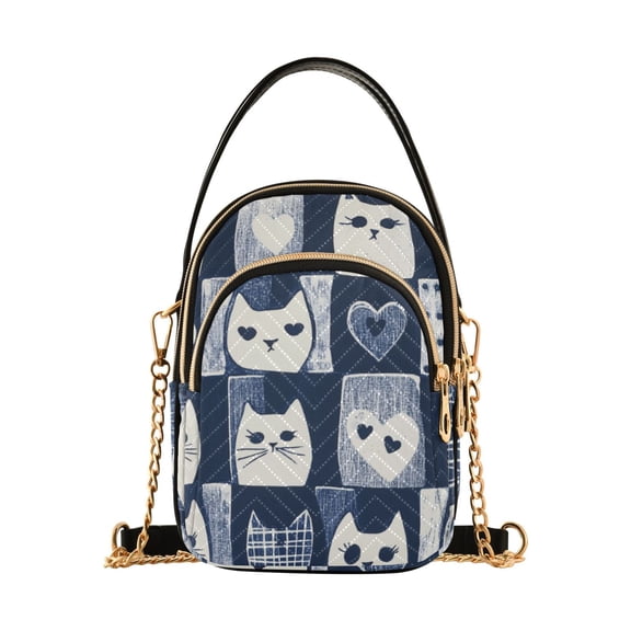FORMRS Crossbody Bag for Women Quilted Travel Shoulder Cell Phone Purse with Chain Strap Handbag, Blue Cats and Hearts
