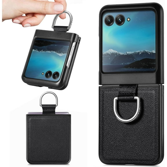 for Motorola Razr Plus 2023 Case, PU Leather Protective Cover with Ring Flip Phone Case Motorola Razr Plus 2023 / Razr 40 Ultra ZH Black