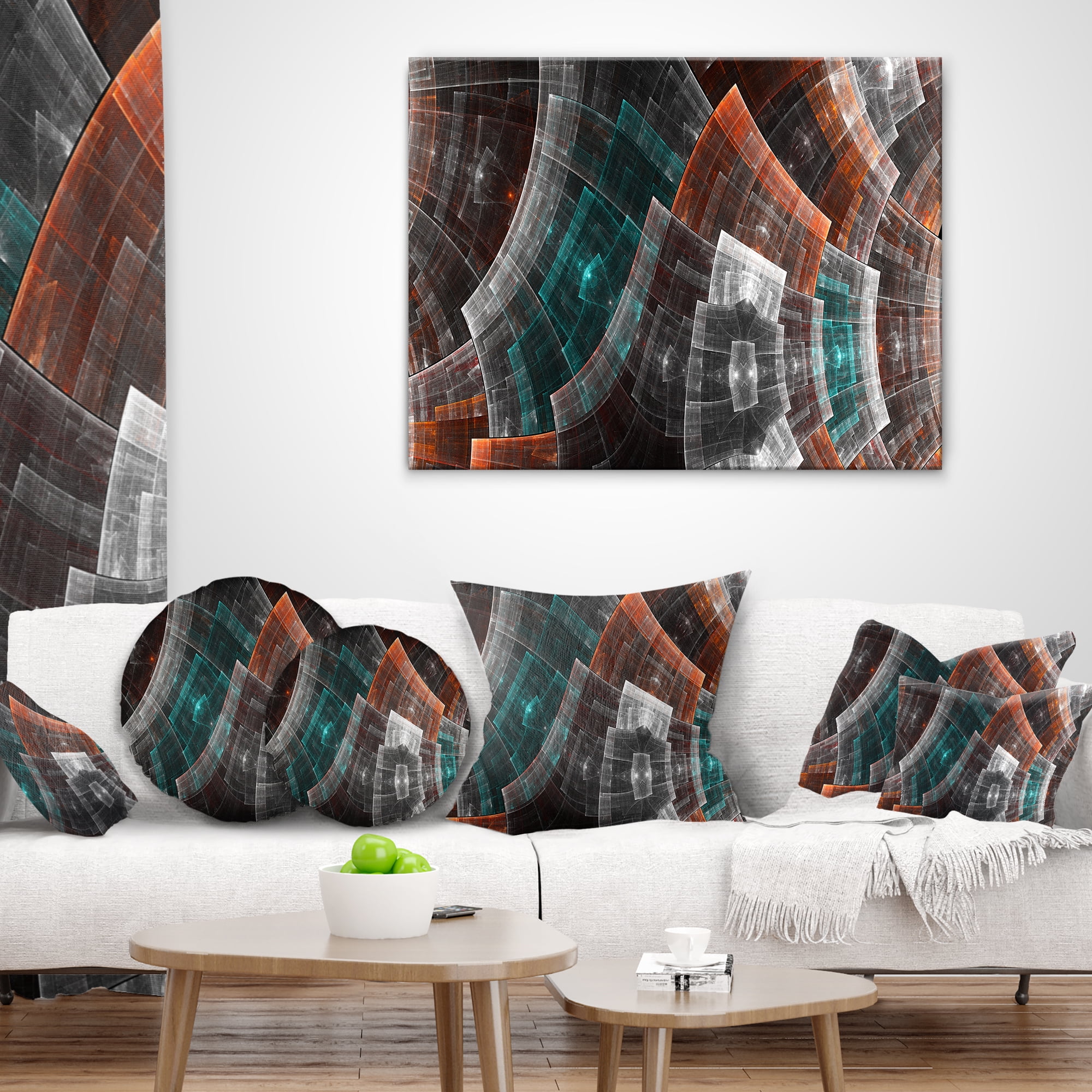 Designart Brown and Blue Fractal Flower Grid - Abstract Throw Pillow - 18x18