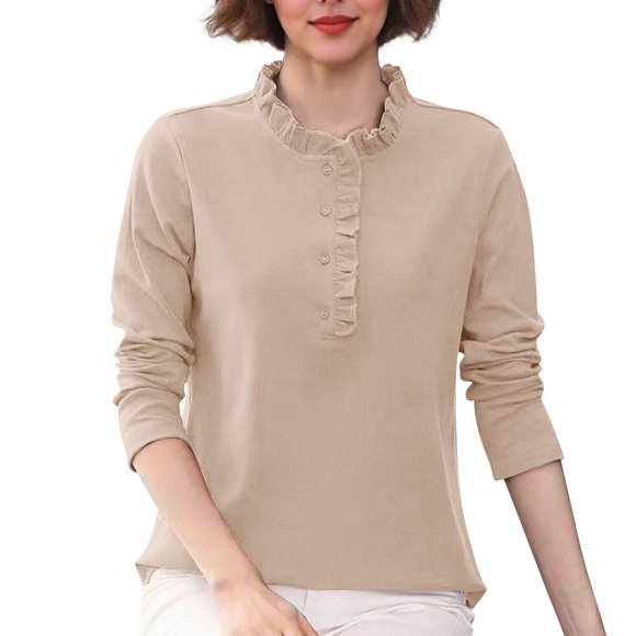 WRKEKC Long Sleeve Shirts for Women Solid Color Double Layer Thermal Lace Button Collar Top with Feminine Trim and Extra Warmth for Winter Layering