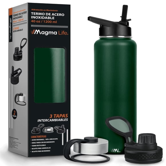 Termo Magma Life Olive Acero Inoxidable 40 Oz con 3 Tapas para Café y Agua
