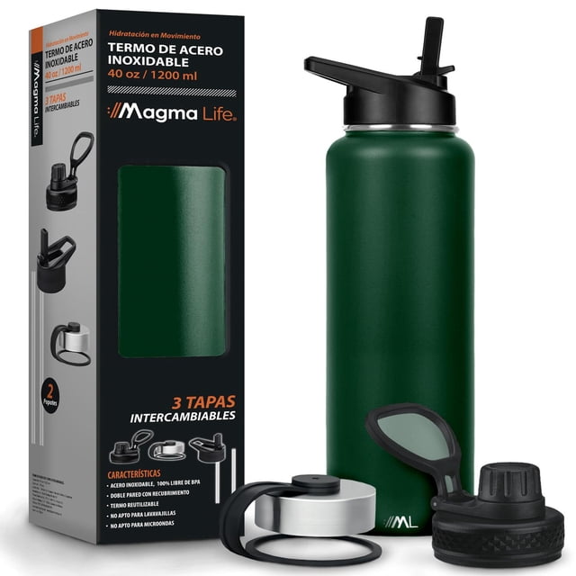 Termo Magma Life Olive Acero Inoxidable 40 Oz con 3 Tapas para Café y Agua
