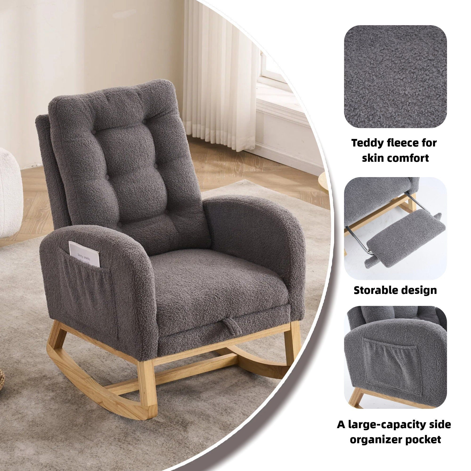 Sailvan Upholstered High Back Accent Rocking Chair with Footrest & Storage Pocket for Living Room