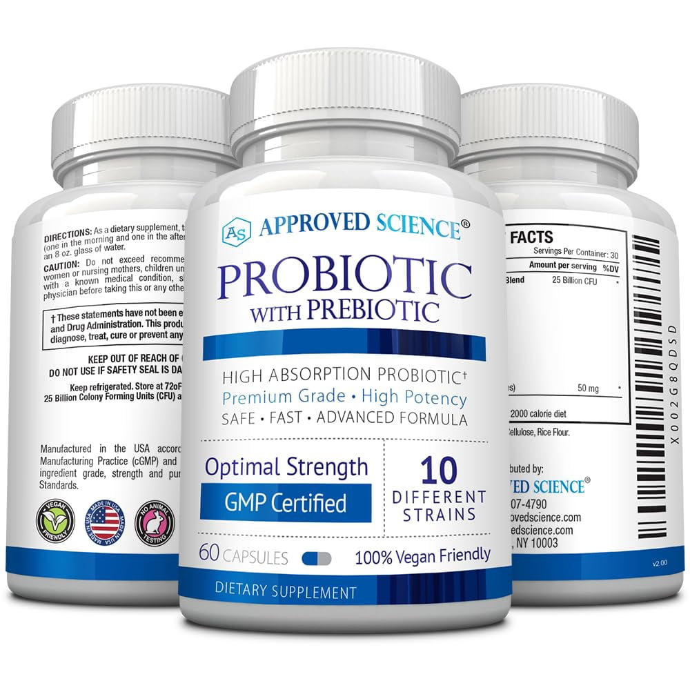 Approved Science Probiotic with Prebiotic - 10 Strains - 25 Billion CFU - 3 Bottles - Vegan