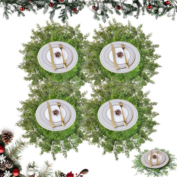 Manteles individuales de cedro artificial, manteles individuales de cedro sintético, manteles individuales de vegetación de cedro sintético redondos, manteles individuales de cedro para Navidad,