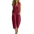 thumbnail image 2 of Jumpsuits for Women Capris Dressy Half Button Sleeveless Jumpsuit Stand Collared Solid Color Overalls Loose Wide Leg Jumpsuits with Pockets Wine S, 2 of 6