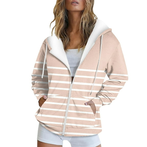 Charmgo Hoodies for Women, Women Fashion Autumn and Winter Warm Striped Jacket with Pocket Casual Long Sleeve Hooded Jacket Ladies Hooded Sweatshirt Zip Up Hoodie, Fall Clothes for Women 2024 Beige L