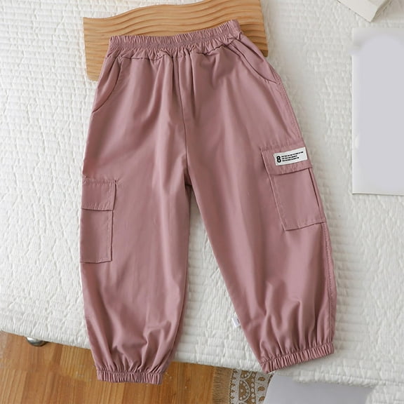 XUNKUSGA Girls Pants 0-12Y Classic Elastic High Waist Cargo Jogger Pants Casual Loose Pants for Girls with Pockets Lightweight Outdoor Pants for Boys Casual Comfortable Cuffed Long Pants Pink