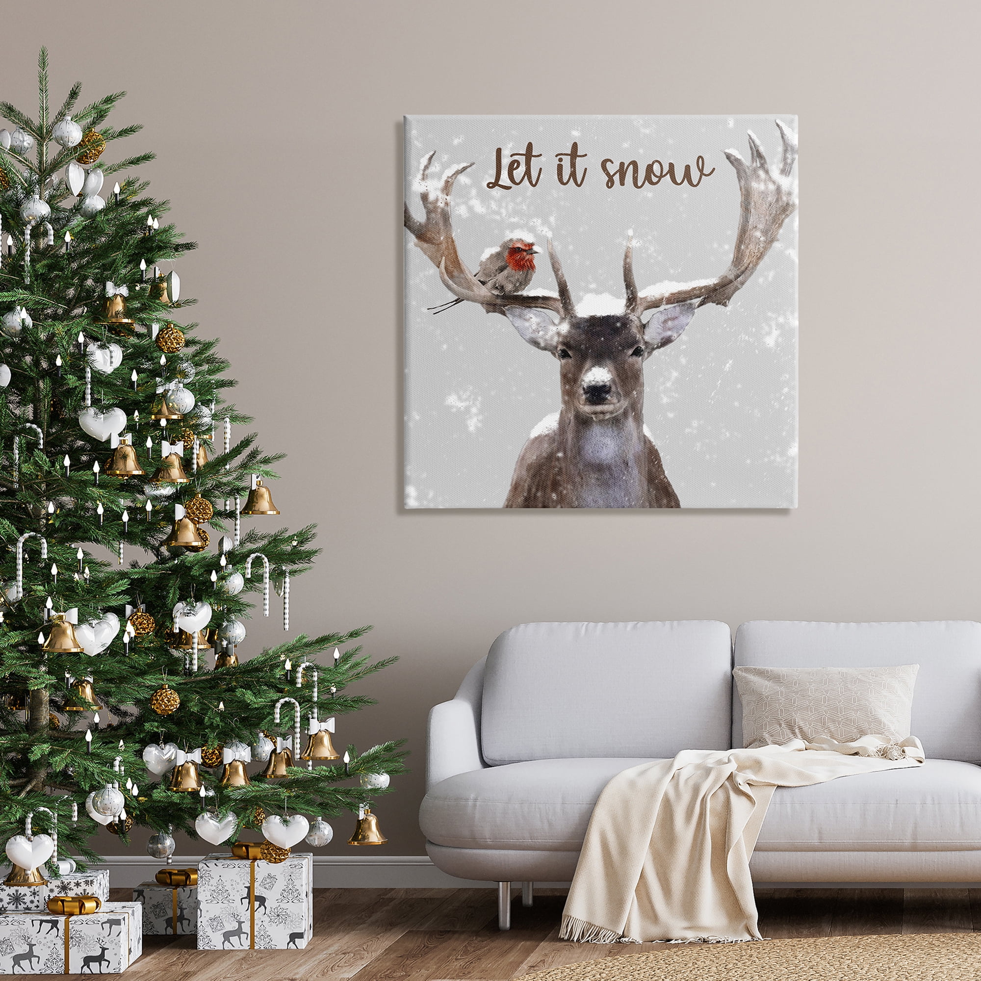 Let It Snow Winter Bird Perched Deer Antlers Animals & Insects Graphic Art Gallery-Wrapped Canvas Print Wall Art