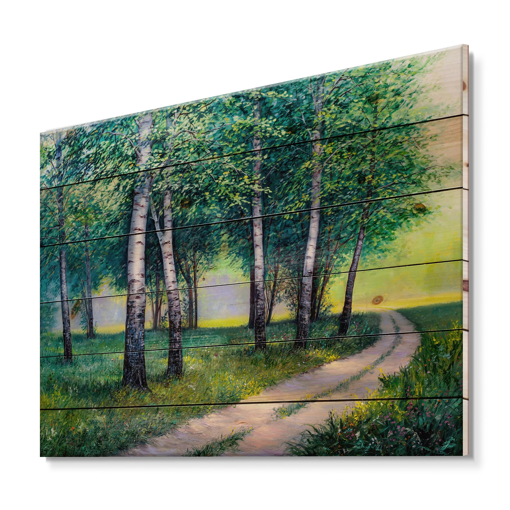 Designart 'Summer Forest Path By The Birches' Lake House Print on Natural Pine Wood