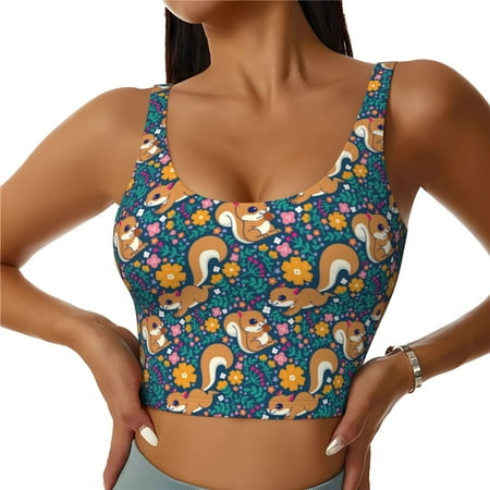 Adobk Squirrel Garden Delight Print Sports Bras for Women Longline Workout Crop Tank Tops Padded with Built in Shelf Padded Sports Bra-X-Large