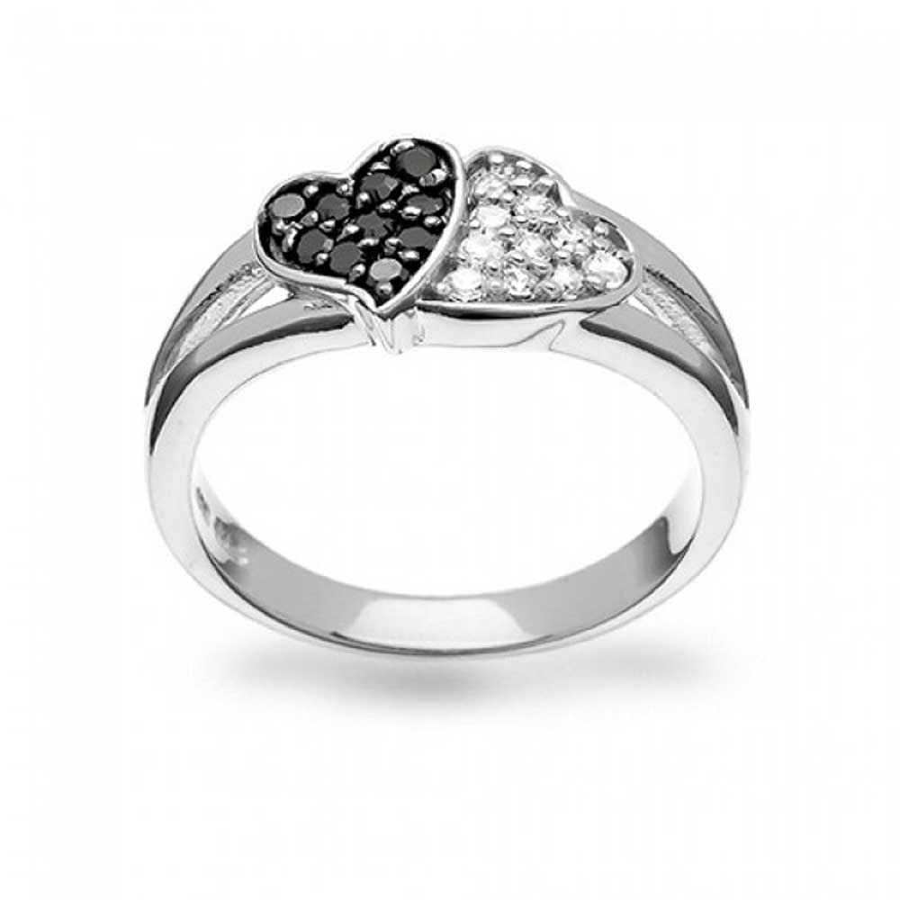 Jewelry Black And White Two Tone Pave CZ 2 Double Heart Shape Promise Ring For Teen For