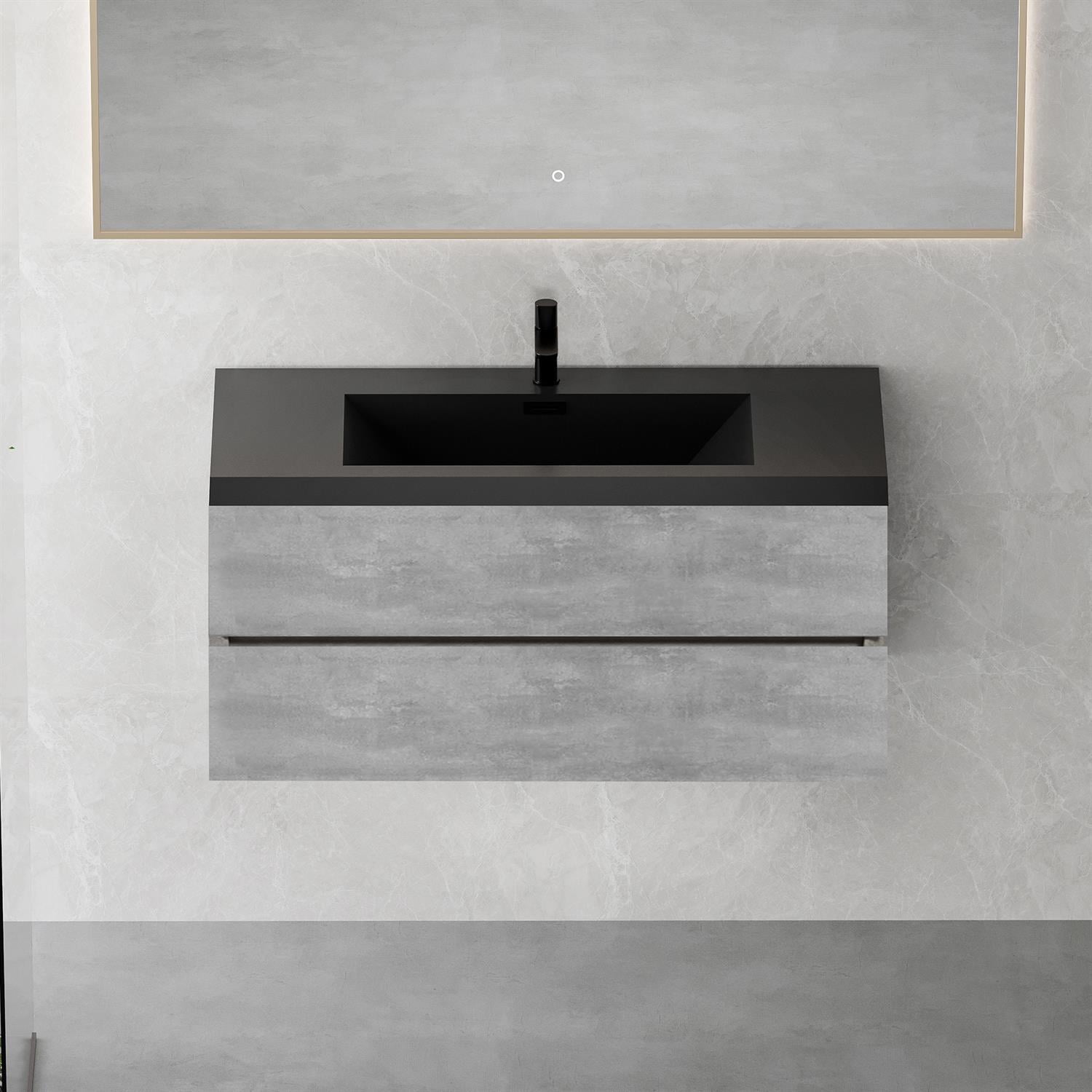 Demi Bonn 47" Floating Bathroom Vanity with Sink, Black Quartz Sand Top Basin and 2 Soft Close Drawers, Faucets and Drains Not Included, Gray