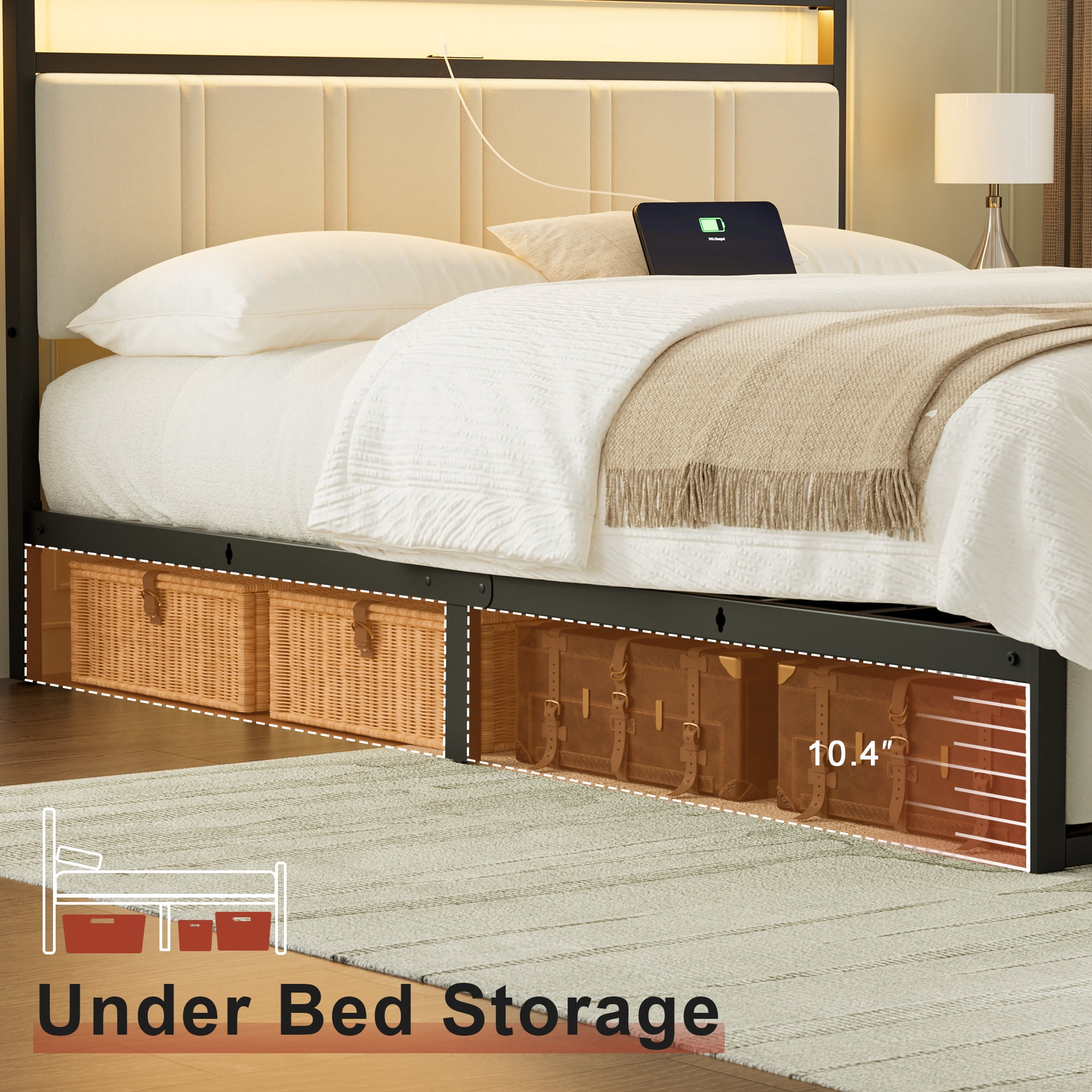 GUNAITO Queen Bed Frame with Headboard, Platform Bed with 2 Drawers, Velvet Upholstered Bed Frame with LED Lights & Charging station，Beige