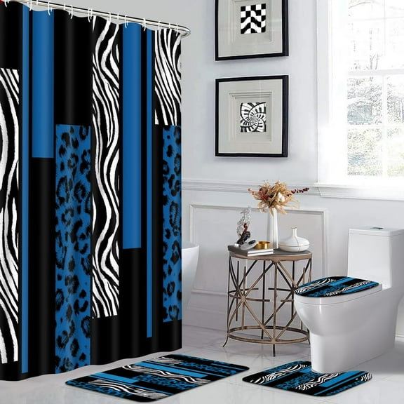 4 Pcs Navy Blue Bathroom Sets with Shower Curtain and Rugs, Leopard Print Shower Curtain Sets with Rugs, Waterproof Shower Curtain with Toilet Lid Cover and Rugs for Bathroom Decor