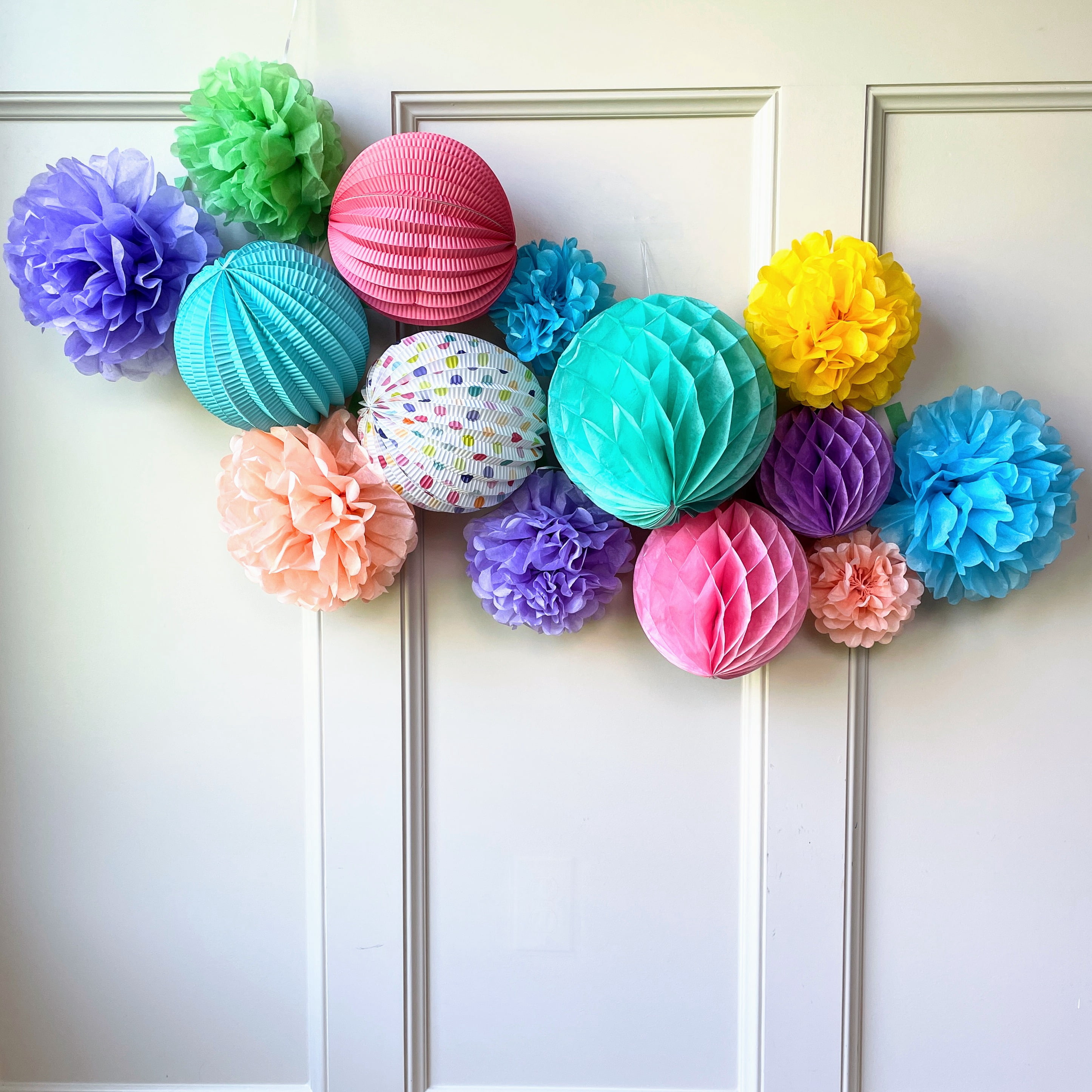 PapaKit Premium Paper Decoration Set - Pom Pom, Honeycomb and Accordion Lantern (Festive Colors) Birthday Party Baby Shower Bride to Be Engagement Wedding Events