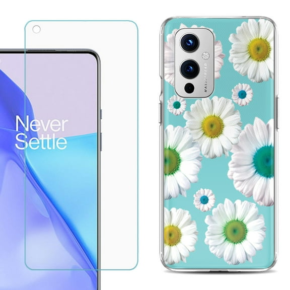 Slim-Fit TPU Phone Case Compatible with OnePlus 9 5G, with Tempered Glass Screen Protector, by OneToughShield ® - Daisy/Teal