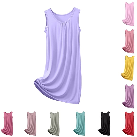 Antinious Women Solid Sleeveless Tank Top Ice Silk Mid-Calf Loose Comfortable Plus Size Nightgown