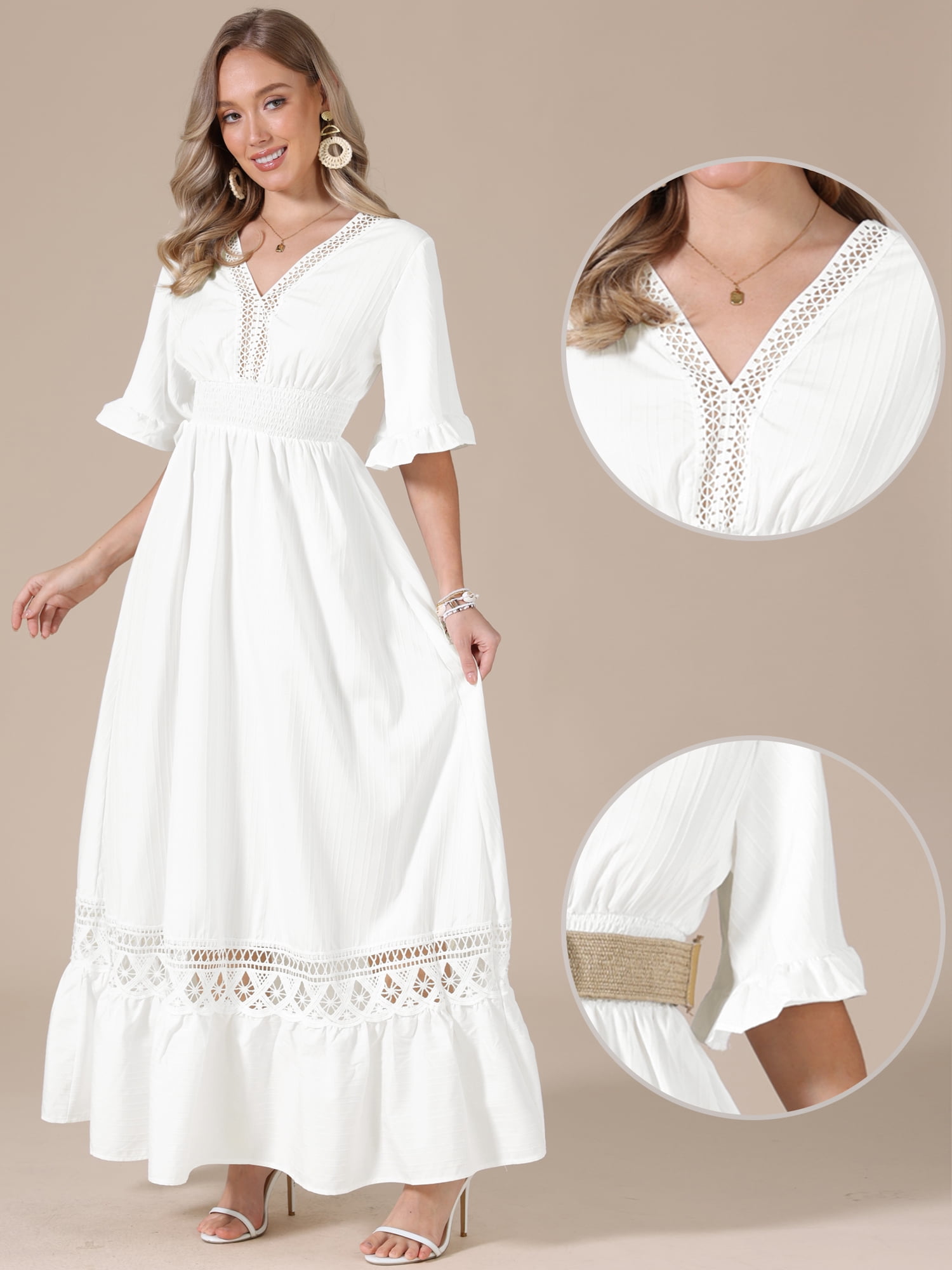 DARING DIVA Women's V Neck Lace Ruffle Boho Flowy Maxi Dress L White