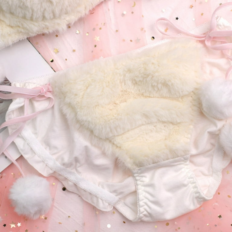 Womens Lolita Kawaii 2pcs Bra Panty Set Cute Bear Embroidery Fluffy Faux  Fur Underwire Underwear Plush Ball Bow Japanese Anime Lingerie 