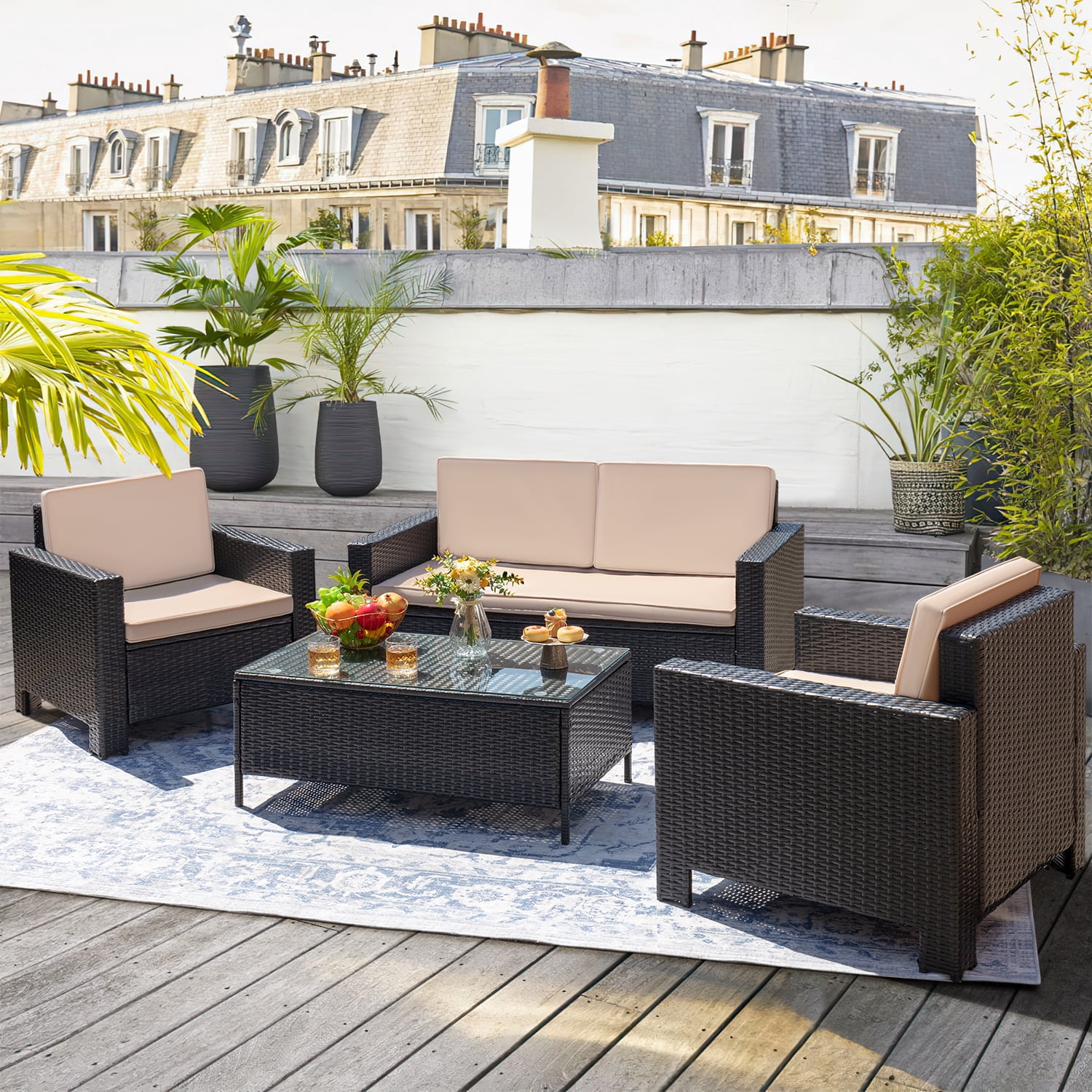 Devoko 4 Pieces Patio Set PE Rattan Wicker Furniture Sofa Set Outdoor Indoor Furniture Set, Black