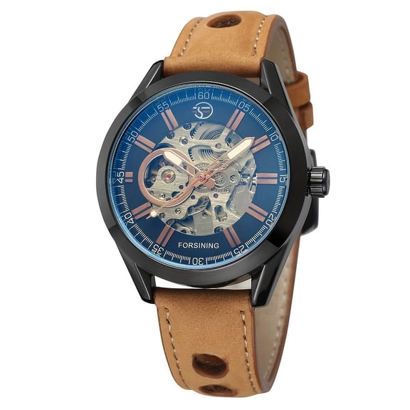 Men's Luxury Casual Mechanical Watch Genuine Leather Hollow Blue Glass Waterproof Luminous Sports Automatic Mechanical Watch
