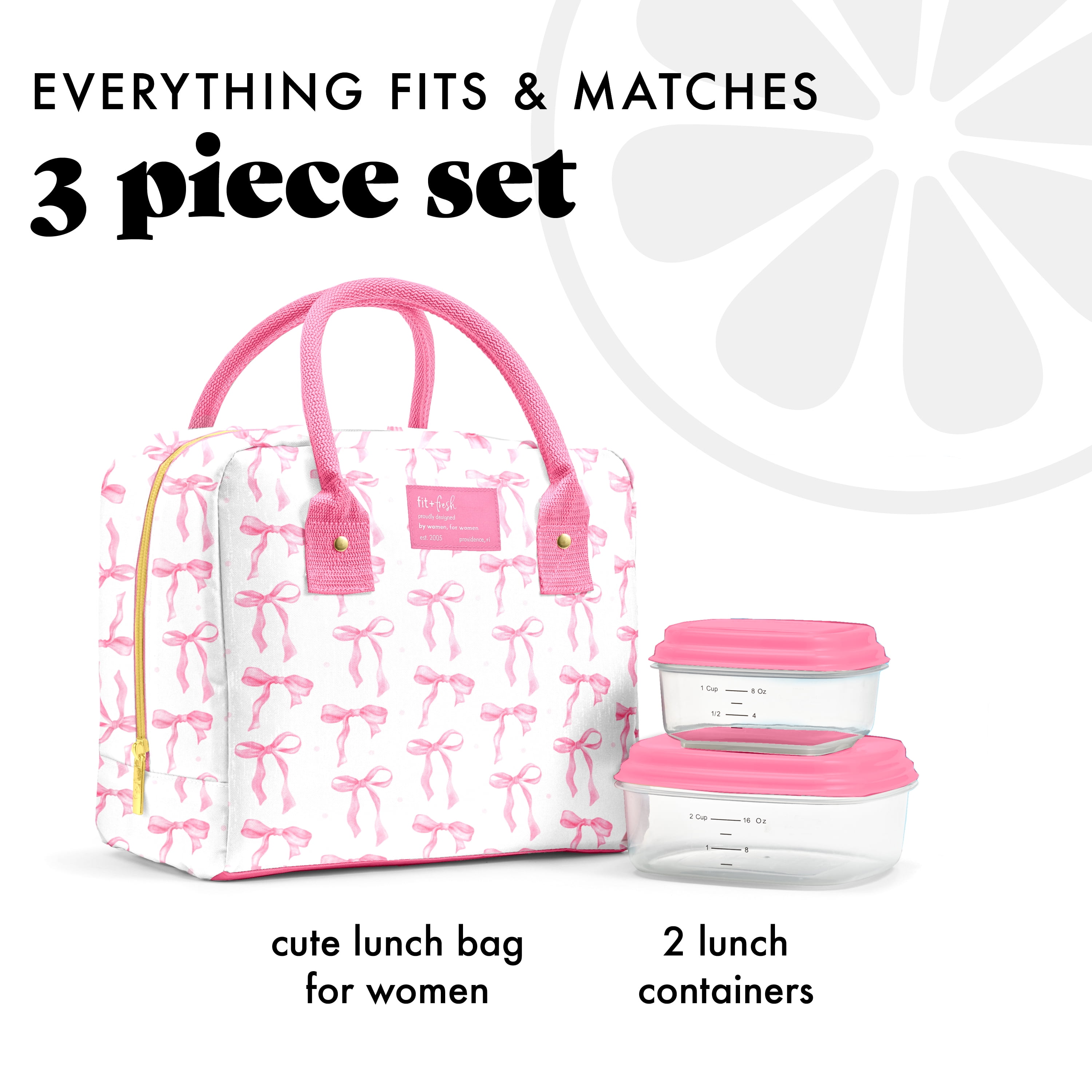 Fit + Fresh Bloomington Womens Lunch Bag, Insulated Lunch Box With Containers, Pink Bows