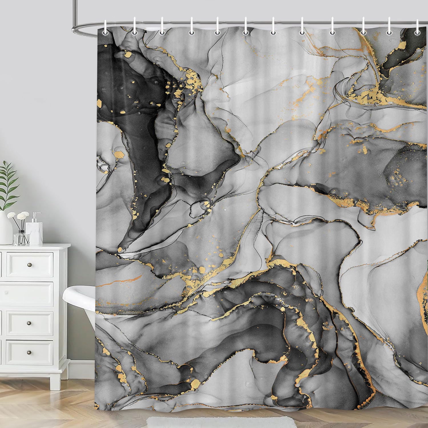 Gray Marble Bathroom Shower Curtain Set with Hooks 72X84in