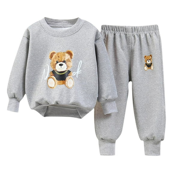Owordtank Kids Cute Bear Print Sweatsuits Toddler Girls Boys 2 Piece Tracksuit Crewneck Sweatshirt and Jogger Sweatpants for 0-7 Years