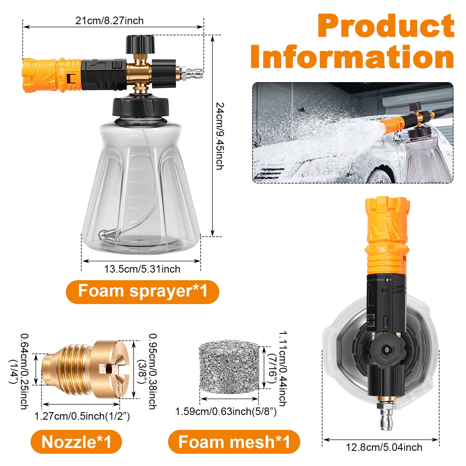 Professional Foam Cannon for Pressure Washer, 1000-4000 PSI Snow Foam Lance with 1.1mm & 1.2mm Orifice Nozzles, 360° Adjustable Spray Pattern, 1/4" Quick Connector for Car Wash and Home Cleaning